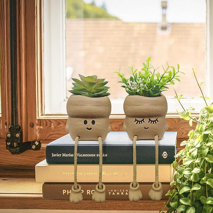 2Pcs Smiley Face Succulent Artificial Plants Planters - Cute Plant Pot Home Decor, Small Faux Plants Planter Indoor for Bathroom/Office/Kitchen Window Sill Decor, Fake Plant Ideas Gifts for Women