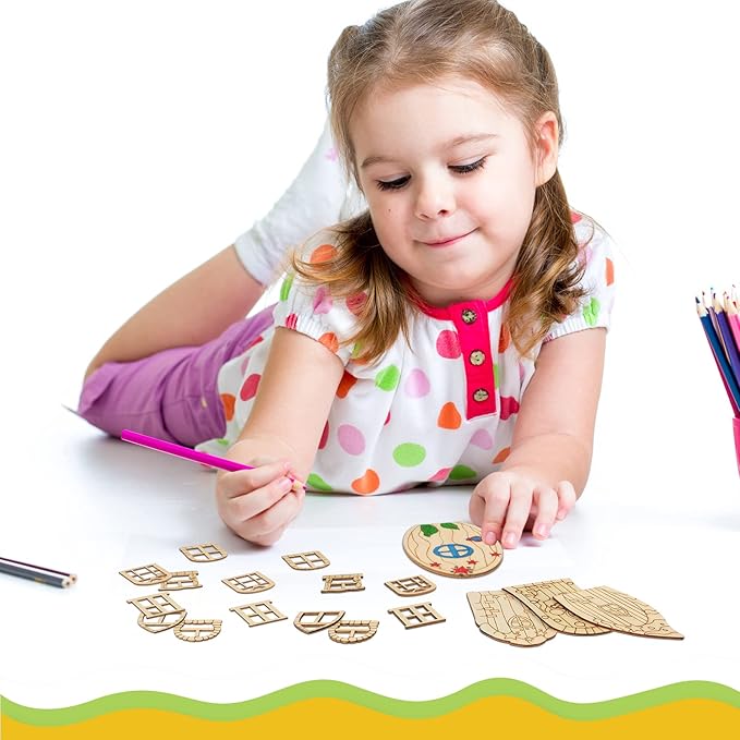 64 Pcs Fairy Door Mini Wooden Garden Doors Unfinished DIY Craft Fairy House Kit Unpainted Wood Miniature Door Blank Fairy House Doors and Windows for Home Office Wedding Party Decoration Accessories