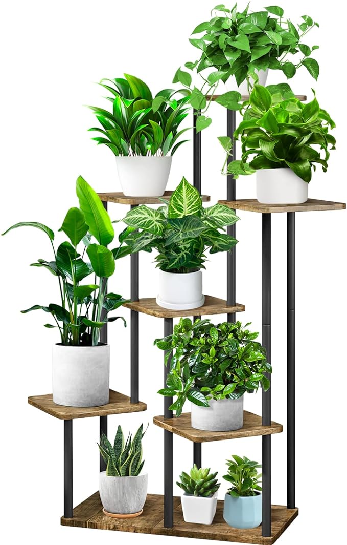 7 Tier Wood Tall Plant Stand Metal Rack Indoor, Multiple Flower Pot Holder Shelves Corner Rack, Planter Shelf Display Rack Storage Organizer for Patio Living Room Balcony Garden(Black)