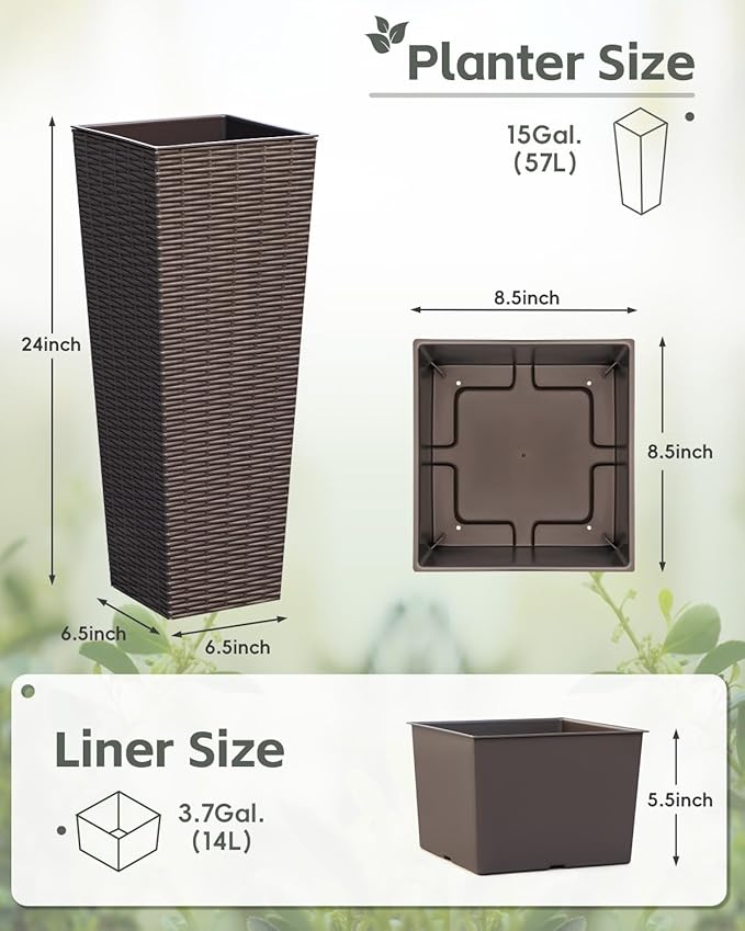 Greesum Large Tall Planter for Outdoors Plants, Set of 2, 24" Tall Plastic Flower Pots, Tapered Porch Planter with Drainage Holes for Patio, Backyard, Brown
