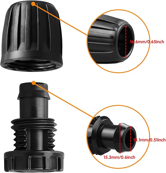 Drip Irrigation Fittings for 1/2 inch Tubing (0.60"-0.63" OD), 12 Pieces Barbed Locked End Plug Connectors, End Caps Drip Line Nuts Connectors for Drip Irrigation Hose (13mm ID)(Black)