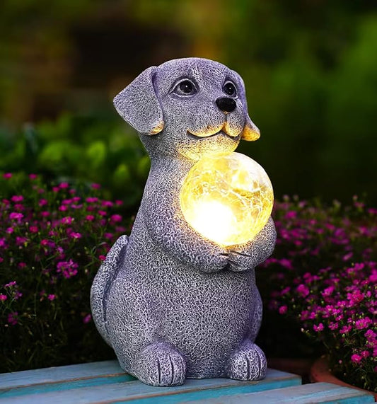 Solar Dog Garden Statues - 8.4 "Dog Decor with Gazing Ball Solar LED Lights, Unique Gifts for Mom Grandma Birthdays & Dog Lovers, Outdoor Decor for Outside Lawn Porch Patio (Gray)