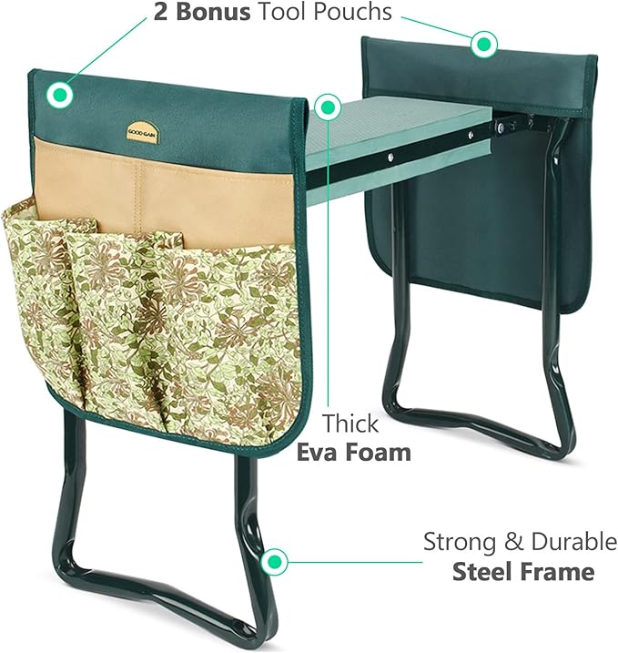 G GOOD GAIN Garden Kneeler Stool Seat,Foldable Garden Bench with Tools Bag Pouch,Thicken & Widen Soft EVA Foam Pad Outdoor Portable Kneeler Stool with Garden Apron Bags.Honey