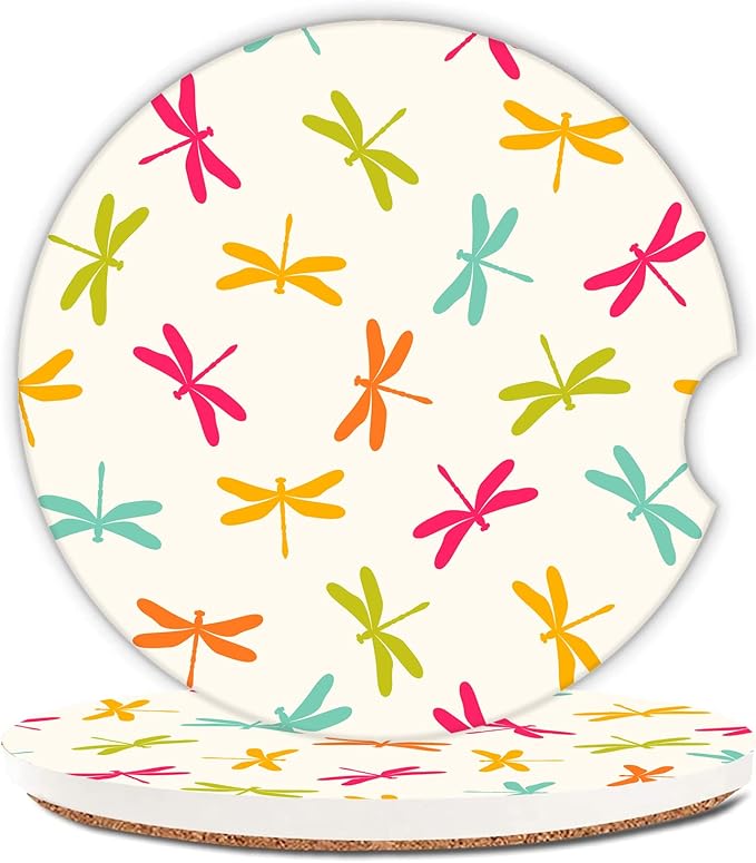 Colorful Dragonfly Car Coasters,Ceramic Absorbent Cup Holders with Finger Notch & Cork Base Car Assecories for Women/Men 2.6"(2 Pieces)