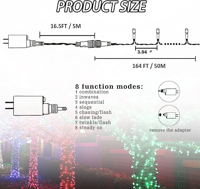 FUNPENY 164FT 500 LED Christmas Indoor Outdoor Decorative String Lights, 8 Modes Waterproof Plug in Green Wire LED Fairy Light for Christmas Party Wedding Garden Home Decoration (White)