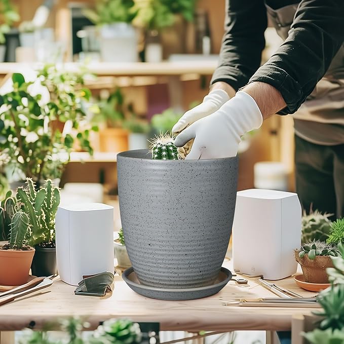 8 Inch Plant Pot Ceramic Planter Pot with Drainage Hole and Saucer Modern Round Flower Pot for Indoor Plants Light Gray