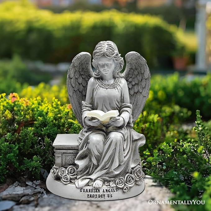 Spring & Summer-Themed Garden Statues – Adorable Outdoor Decor for Lawn, Patio & Porch (Guardian Angel Reading Book Garden Statue, 10" Solar Powered Angelic Outdoor Figurine)