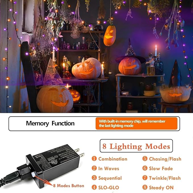 2-Pack 66FT 200 LED Extendable Halloween Lights, Orange and Purple Halloween Decorations Outdoor Indoor Tree Lights with Timer and Memory Function, Plug in Mini Light Waterproof with 13 Lighting Modes