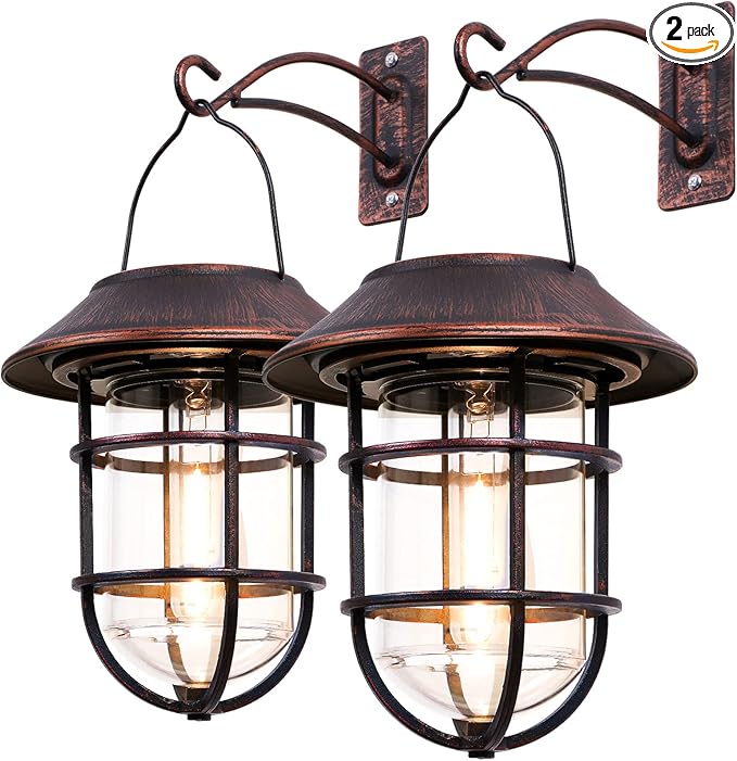 Solar Lantern Outdoor Hanging Solar Lights, Waterproof Metal Solar Outdoor Lights with Clear Glass, LED Edison Bulbs Cordless Decorative Aluminum Wall Lantern with Hooks, Bronze