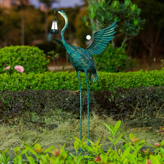 DREAMSOUL 40.5" Heron Garden Statues Large Metal Crane Outdoor Statues Standing Solar Bird Statue for Patio Pool Lawn Decoration