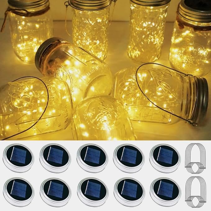 Solar Mason Jar Lid Lights, 10 Pack 30 LED Waterproof Firefly Fairy Lights with Hangers(No Jars), Outdoor Starry String Lights for Patio Yard Garden Wedding Lantern Decor (Warm White)