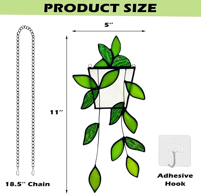 Royxen Stained Glass Window Hanging Green Plants Artificial Deocr Faux Plant Suncatchers, Gift for Plant Lover