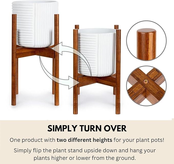 Fox & Fern Adjustable Plant Stand Indoor — 8 to 12 Inch Mid Century Bamboo Plant Stand with Adjustable Width; Plug In Design; Easy to Assemble; Two Height Options - For 8, 9, 10, 11 & 12 Inch Pots