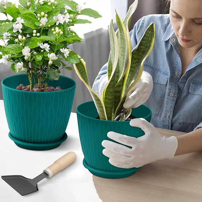 Plant Pots – 6 Inch Planters with Drainage Holes and Saucers, Flower Pots for Indoor and Outdoor Plants, Nursery Planting Pots (Pack of 5, Blue)