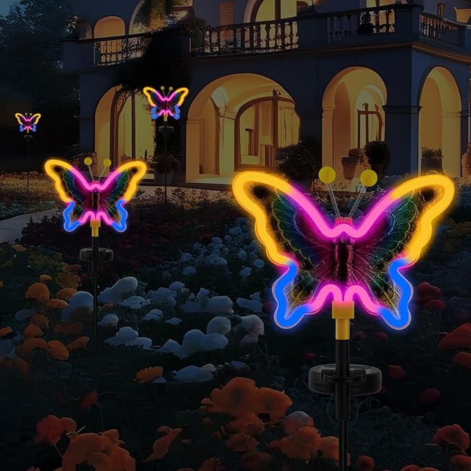 Solar Butterfly Lights,Solar Garden Decor, Outdoor Garden neon Lights,Butterfly Solar Stake Lights,Yard Patio Pathway Decoration Outdoor(Yellow, 2pack)