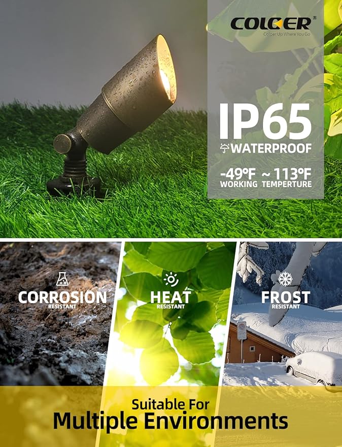 COLOER Die-cast Brass Landscape Spotlights, 12V AC/DC Low Voltage Outdoor Spotlight Fixture Wired, Outdoor Uplights for Trees,House, Garden and Patio (101B,Bronze,6-Pack Without Bulb)