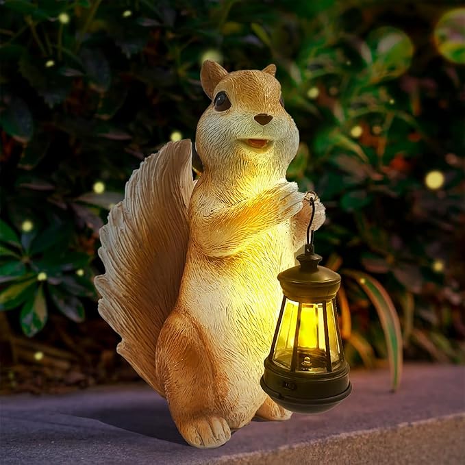 Solar Garden Squirrel Decor Statue Fairy Garden Accessories Outdoor Figurine LED Lights Art Housewarming Gift for Patio Yard Lawn Ornament Cute Animal Decoration