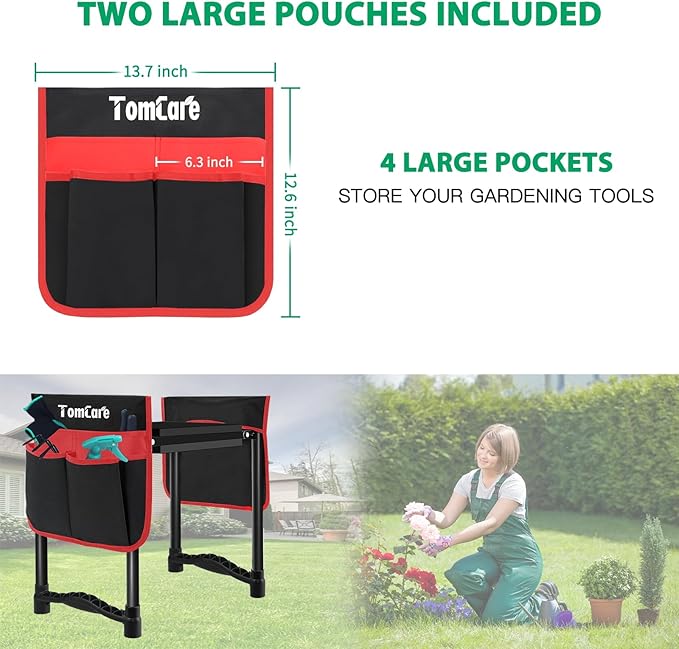 TomCare Upgraded Garden Kneeler and Seat Widen Soft Kneeling Pad Garden Tools Stools Garden Bench with 2 Larger Tool Pouches Outdoor Foldable Sturdy Gardening Tools Gifts for Gardeners, Black