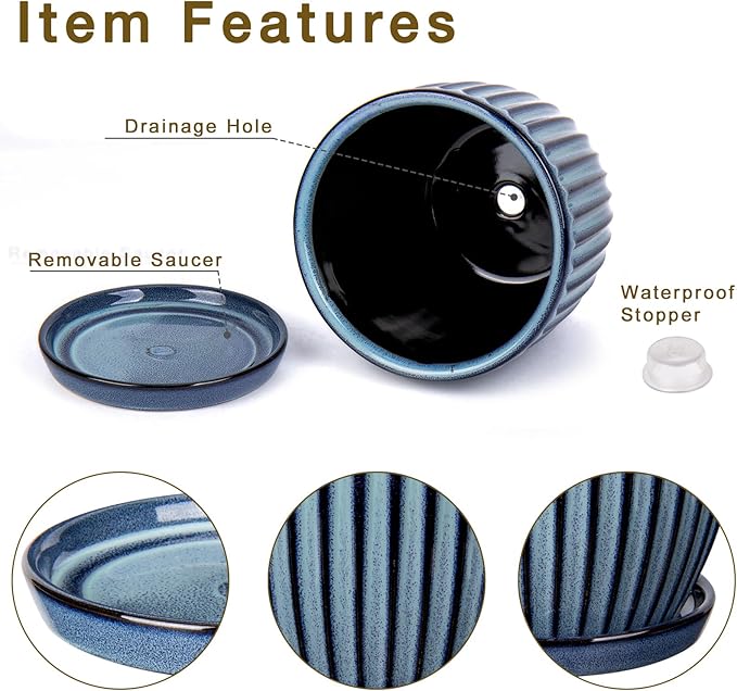 Oairse Ceramic Pots for Indoor Plants, 4.9 +5.7 inch Pots for Plants Set of 2 Blue Plant Pots with Drainage Holes and Saucers Texture Ceramic Planters Indoor Outdoor Flower Pots for Succulent