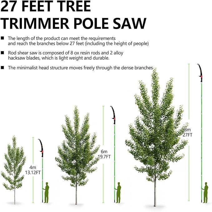 7-27 Feet Pole Saws for Tree Trimming, tree trimming manual branch trimmer set, extendable hand saw, long-handled trimmer with storage bag attachment.Green.