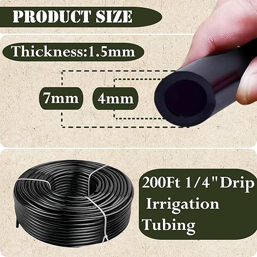 1/4in. Drip Irrigation Tubing - 200FT Drip Line Irrigation System Parts for Garden(Includes 1/4" Straight Connector, Ends, T Connectors, Cable Zip Ties)