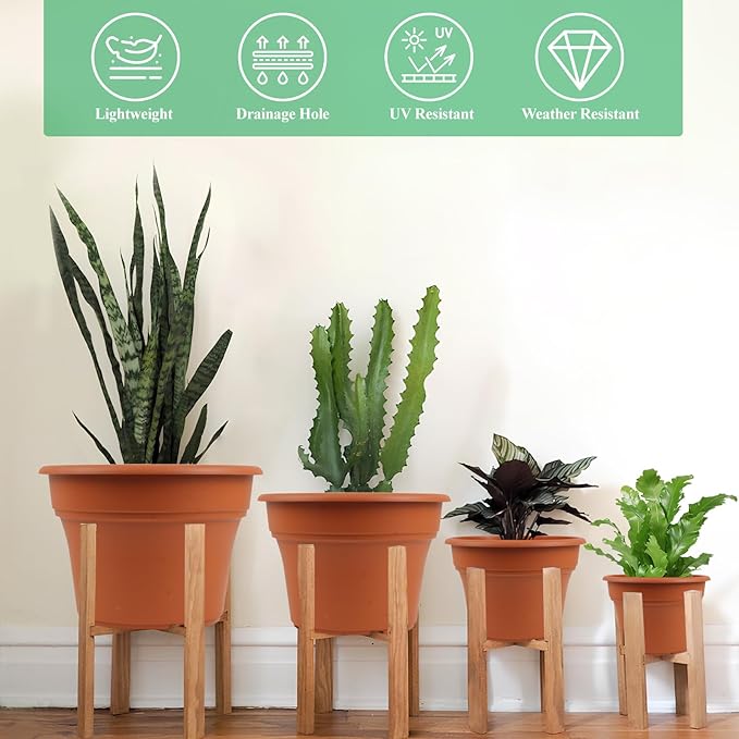 9 Inch Plastic-Flower Pot-for-Indoor Plants, 4 Pack Large Outdoor Planter Pot with Drainage Holes & Saucers, Resin Decorative Garden Pots Planters