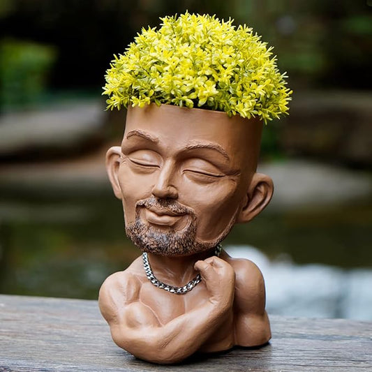 Beefcake Face Planter Pots Head Planter Man Face Planters Pot Head Face Flower Pot Head Planter with Drainage Hole Mscular Man(Brown)