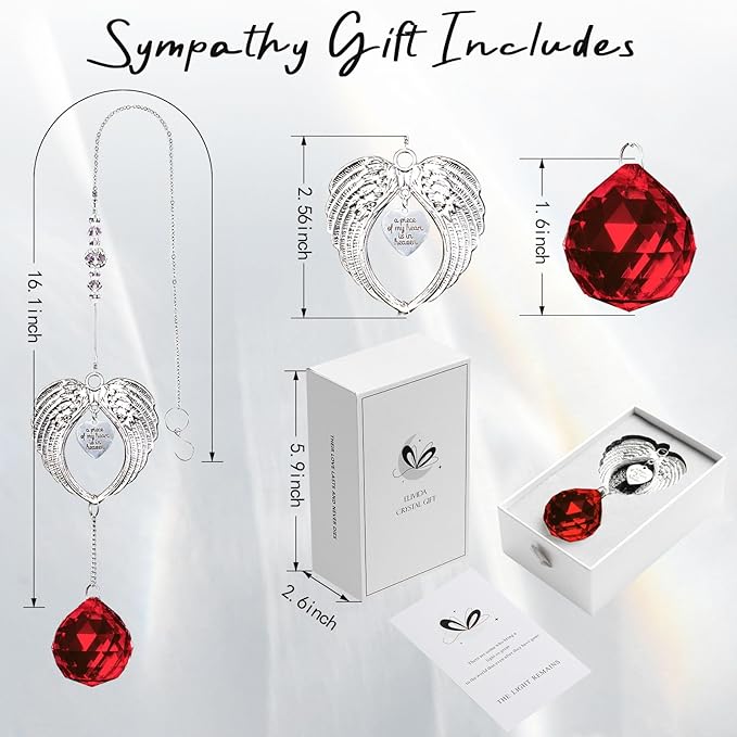 Sympathy Gift Modern Grief Gift for Lose of Loved Ones, Memorial Suncatcher with 40mm Crystal Ball, Sorry for Your Lose Rainbow Maker, Bereavement Gift Idea Angel Wings Design, Red