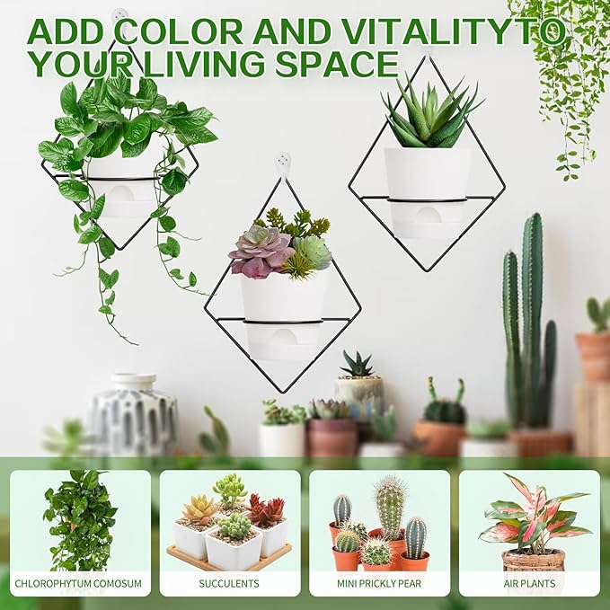 3 Sets of Wall Planters for Indoor Plants, Hanging Wall Planter with Black Metal Holder, Geometric Self Watering Wall Flower Pots, Wall Mounted Succulent Planter, 5" White Plant Pot