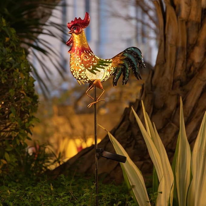 Tryme Rooster Solar Lights Outdoor Decorative Garden Statue Gifts for Chicken Lovers Women Mother Metal Yard Art for Lawn