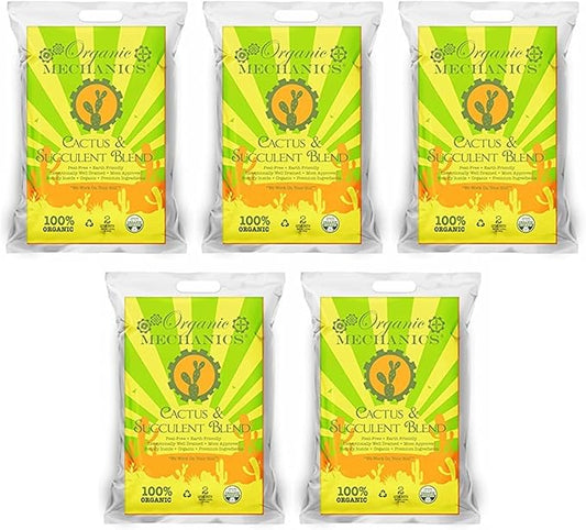 Cactus and Succulent Blend Potting Soil, 2 Quarts (Pack of 5) - Enhances Root Growth & Water Drainage with Biochar, Rice Hulls, and Worm Castings - Peat-Free & Eco-Friendly