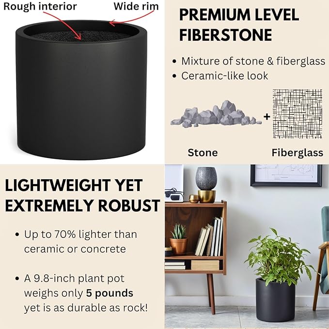 Fox & Fern 10 Inch Black Plant Pot with Drainage Plug — Premium Lightweight Fiberstone Matte Black Planter; 10 Inch Pots for Plants; for Indoor & Outdoor Use; Weather Resistant & UV Resistant