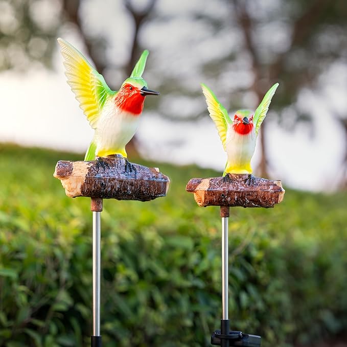 Birdsong Hummingbird Garden Decor Statues Stake Figurine Solar Lights for Outside Lawn Yard Porch Patio Flowerbed Christmas Decorations Outdoor for Moms Birthday (Green Hummingbird)