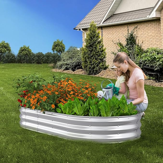 Raised Garden Bed, 6x3x1ft Galvanized Outdoor Planter Beds with Safety Edging and Gloves, Oval Metal Planter Box for Gardening Vegetables Flowers Herb