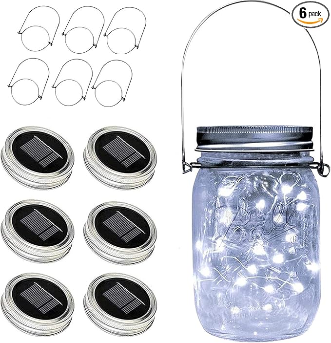 ZNYCYE Solar Mason Jar Lights, 6 Pack 30 Led String Fairy Star Firefly Jar Lids Lights, Jars Not Included, Best for Mason Jar Decor,Great Outdoor Lawn Decor for Patio Garden, Yard (Cool White)