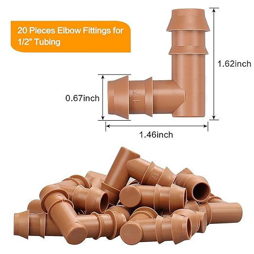 20 Pieces Drip Irrigation Barbed Elbows Fittings for 1/2” Tubing (0.600”ID) - Drip Elbows (17mm) Irrigation Tubing Connectors for Drip Sprinkler Garden Lawn Systems