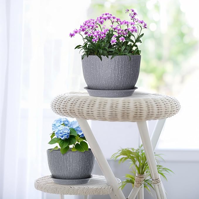 Large Flower Pots 12/10/9 inch, 3 Set Big Plant Pots for Outdoor Indoor Plants with Water Ripples, Wide Plastic Planters with Drainage Holes and Saucers for Garden House Plants, Speckled Grey