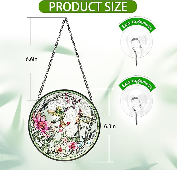 Remiawy Stained Glass Window Hanging Hummingbird Window Suncatcher 6 Inch Glass Panel with Metal Chain and Hooks Sun Catchers Indoor Wall Art Home Decor Gift for Bird Lovers Women Mother's Day