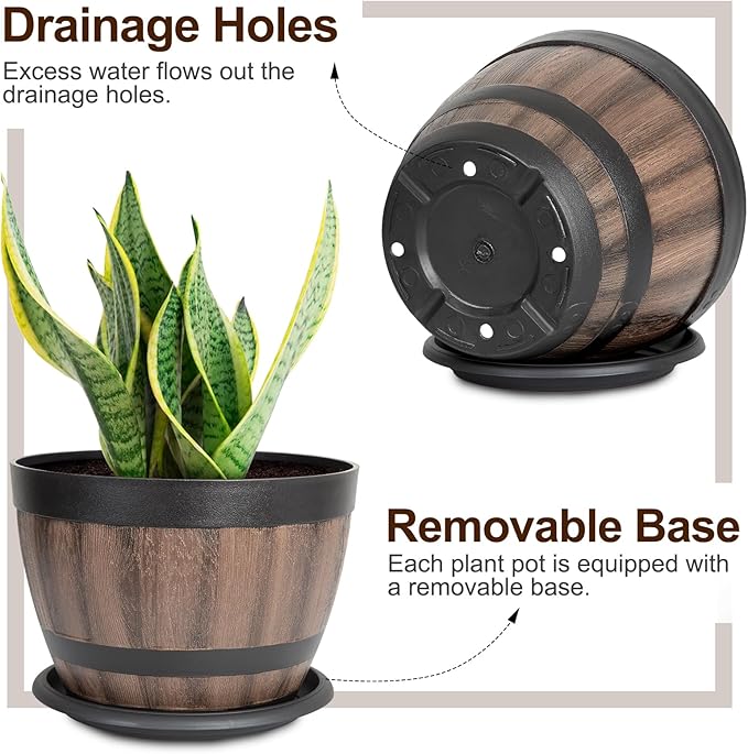 8 Pack Plant Pots with Drainage Holes, Include 8 of 9 inches Flower Pots with Saucers, Plastic Imitation Wine Barrel Design for Indoor Outdoor Garden Home Plants