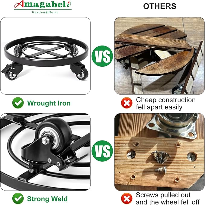 AMAGABELI GARDEN & HOME 12" Metal Plant Caddy Heavy Duty Plant Stand with Wheels Wrought Iron Potted Brake Flower Pot Rack Rollers Mover Dolly Holder Indoor Outdoor Planter Trolley Caster BG1622