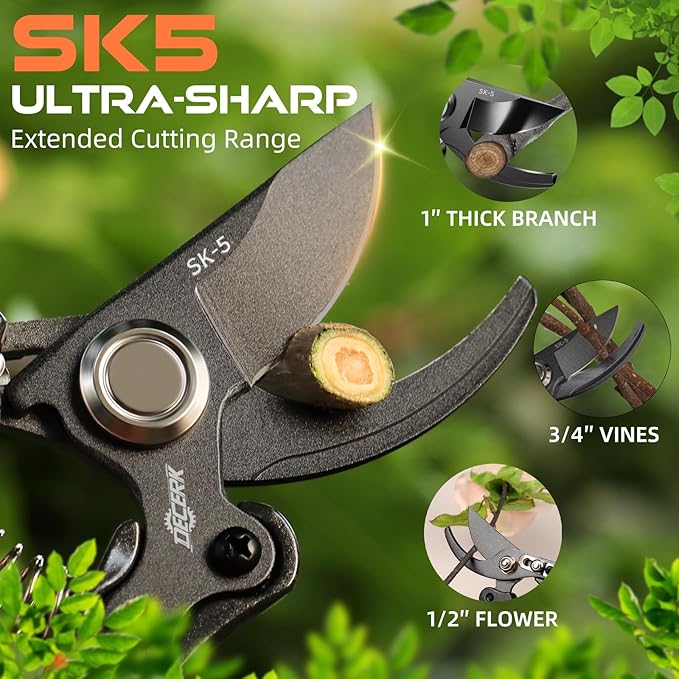 Pruning Shears for Gardening - DECERK 8.5" Professional Bypass Garden Scissors & Clippers for Branch Trimming, Super Sharp SK5 Blade, Ergonomic Handle, Gardening Gift Women Men - 2025 Heavy Duty Tools