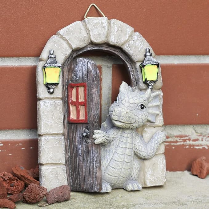 Dragon Garden Ornament Resin Craft Ornament Statue Fairy Door Yard Art Outdoor and Garden Solar Light Luminous Sand Open Door Dragon Wall Statue Outdoors Decor (Open The Door)