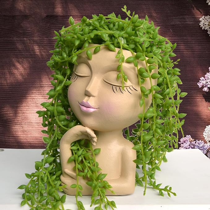 Face Planters Pots Head Planter, Plant Pots with Heads for Plants, Lady Statue Plant Pot, Unique Flower Pots with Drainage, Thinking Women Statue, Boho Vase, Cute Vases Home Decor Gift (7 Inch Khaki)