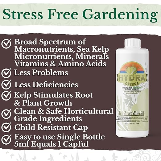 HydraGreens Indoor Plant Food & Vegetable Garden Liquid Fertilizer - NPK 3-1-2 Enriched with Sea Kelp to Stimulate Root & Plant Growth - All Purpose Plant Fertilizer use in Soil & Hydroponics - 8 oz