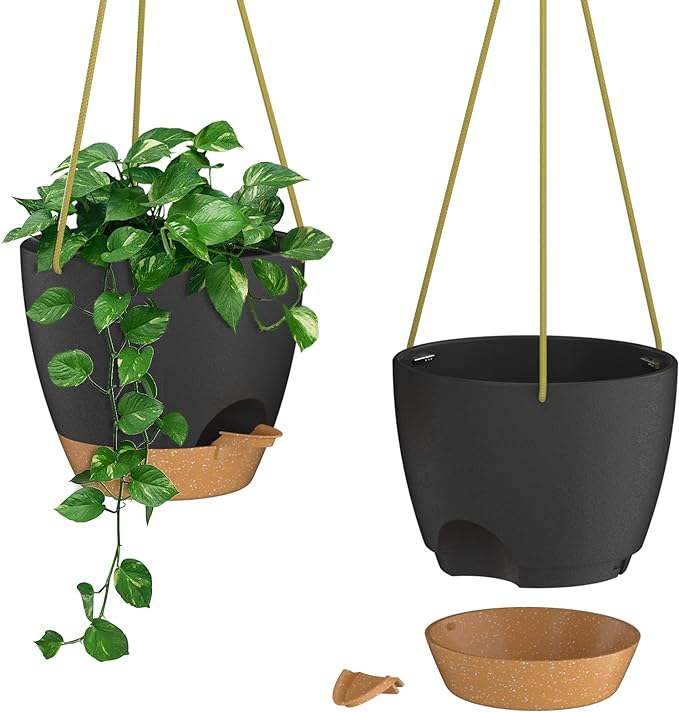 ZMTECH 6.5 Inch Hanging Planters for Indoor Outdoor Plants, 2 Pack Self Watering Hanging Plant Pots with Drainage Holes and Removable Saucer, Plastic Flower Hanging Pots with Watering Lip (Black)