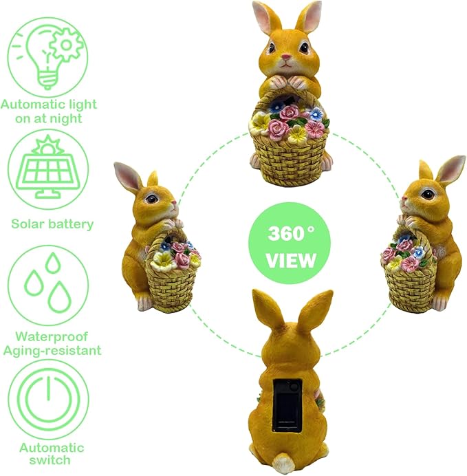 Solar Garden Statues Rabbit & Flowers Decor Outdoor Indoor with 5 LED Light, Unique for Women,Mom,Grandma,Girls, Bunny Lawn Decorations Statue for Patio,Yard Ornament,Gardening