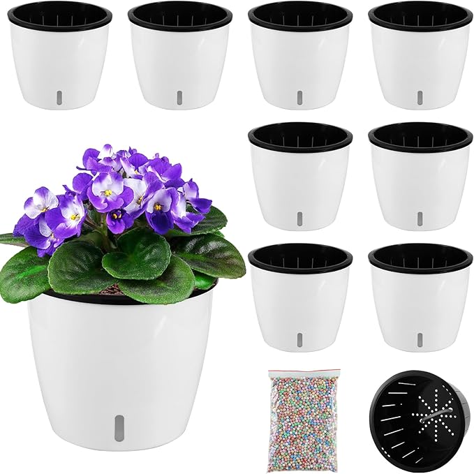 Planterhoma 6.7 Inch Self Watering Pots for Indoor Plants, 8 Packs White African Violet Pots with Water Indicator and Black Wick Pots, Self Watering Planters for Devil's Ivy, Indoor Plant Pots