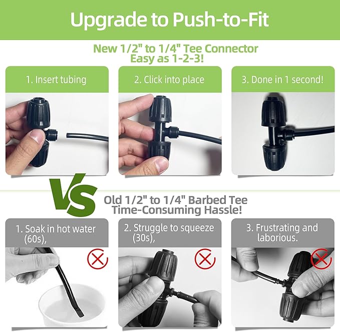 6 Pack 1/2'' to 1/4'' Drip Irrigation Fittings, Push-to-Connect 3 Way Drip Irrigation Part Barbed Tee Connectors, Anti-Leak Locked Splitter Fitting for 1/2" Irrigation Tubing (0.6''-0.67''OD)