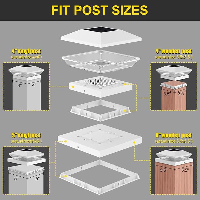T-SUN Bright Solar Post Cap Lights 6 Pack – Outdoor Waterproof Solar Powered Deck Fence Post Lights for Wooden (4x4/6x6) & Vinyl (4x4/5x5) Posts – 2 Modes for Garden, Patio, Gate, Mailbox, Porch