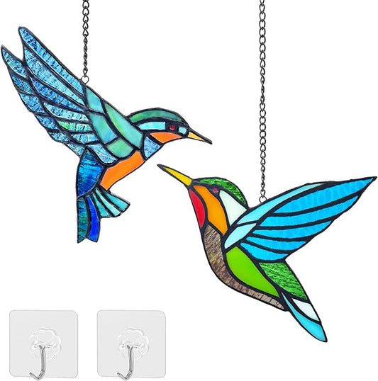 Royxen 2 Pack Hummingbird Stained Glass Window Hangings Handmade Bird Sun Catcher for Home Window